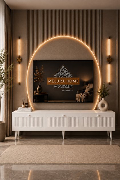 Melura Beyaz Renk 1.Sınıf Mdf 3 Kapaklı Doğal Ahşap Ayaklı 200 Cm Tv Ünitesi