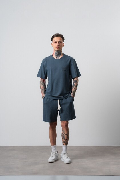 Men's Dirty Stitched Regular Fit T-Shirt Shorts Set Petrol