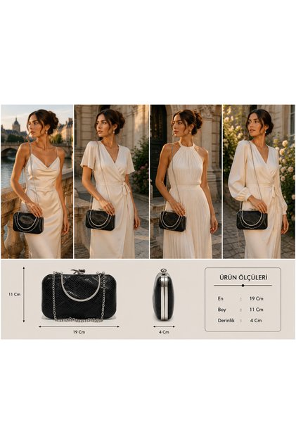 Black Color Snake Pattern Fabric Evening Dress Portfolio Clutch Women's Handbag Can Be Used in Hand or with Long Strap
