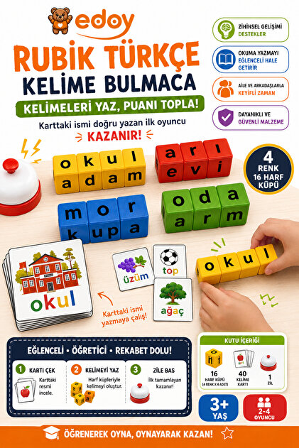 Montessori Eğitici Oyun - Rubik Türkçe Bulmaca Oyunu - Harfleri Tanımak için Eğlenceli Çözüm