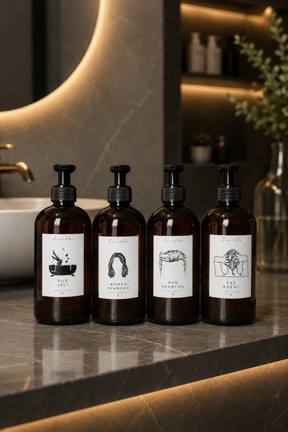 4 lü Amber Kadın Şampuan Erkek Şampuan Duş Jeli Ve Saç Kremi Etiketli Plastik Boston Şişe 500 Ml