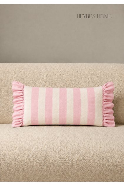 Double-Sided Striped Canvas Ruffled Zippered Decorative Throw Pillow with Inner Filling