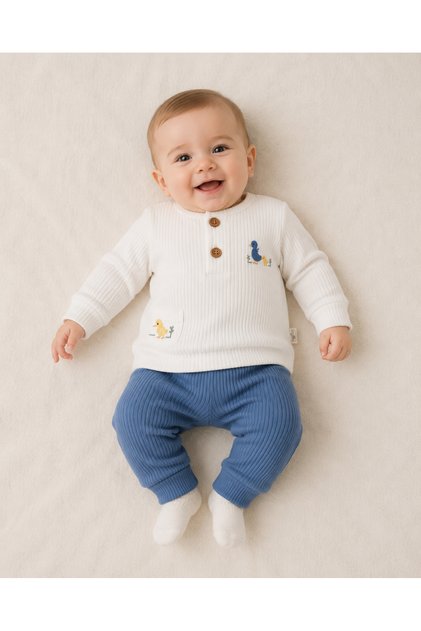 Duck Embroidered Corduroy Baby Set - Top and Bottom