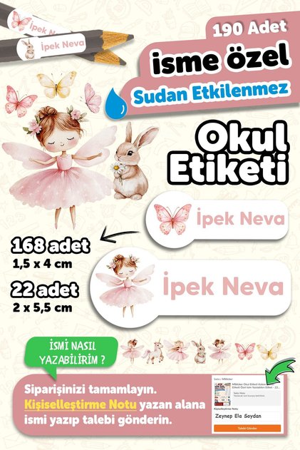 190 Adet Kişiye Özel Okul Etiketi İsimli Kalem Defter Suluk Etiket Dayanıklı Etiket Peri Kızı ve Tav