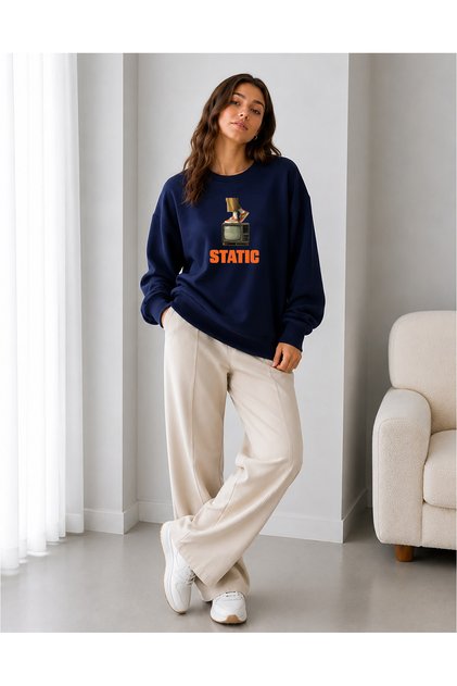 Women's Static Written Television Printed Graphic Comfortable Fit Crew Neck Navy Blue Sweatshirt