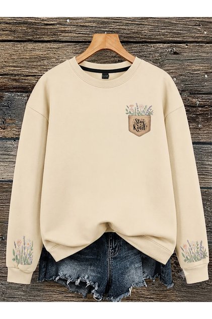 Women's Stay Kind Chest and Floral Sleeve Printed Comfortable Fit Crew Neck Beige Sweatshirt