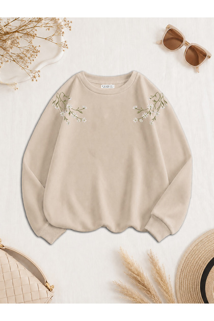 Kadın Yeşil Dal Omuz Baskılı Rahat Kalıp Bisiklet Yaka Bej Sweatshirt
