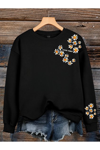 Kadın Good Vibes Papatya Kol Baskılı Rahat Kalıp Bisiklet Yaka Siyah Sweatshirt