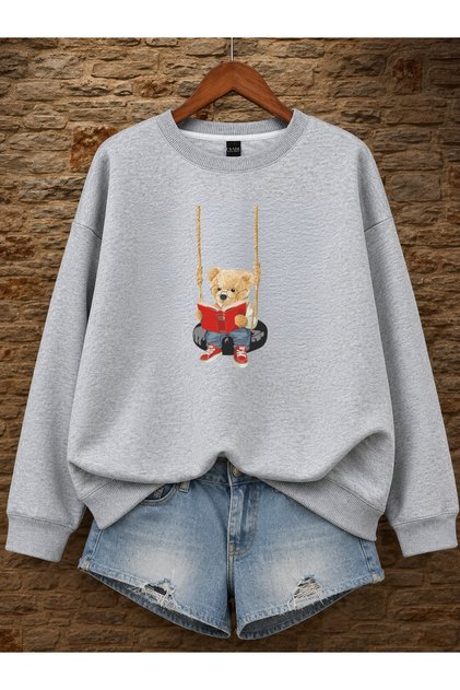 Women's Teddy Bear Printed Comfortable Fit Crew Neck Gray Sweatshirt