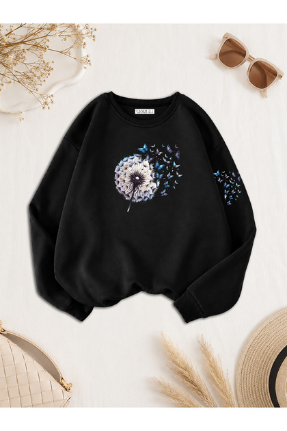 Women's Flying Butterfly Sleeve Print Detailed Comfortable Fit Crew Neck Black Sweatshirt