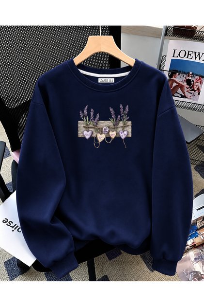 Women's Lavender and Heart Printed Comfortable Fitted Wool Crew Neck Navy Blue Sweatshirt