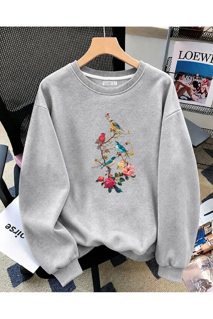 Women's Dal Birds Printed Comfortable Fit Crew Neck Gray Sweatshirt