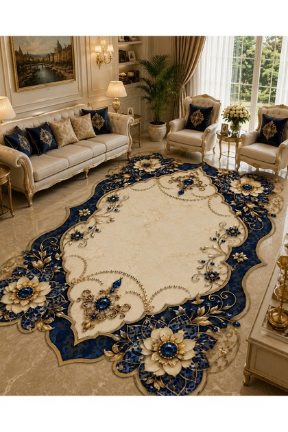 Lacivert Krem Mücevher Çiçekli Lazer Kesim Yıkanabilir Dijital Baskı Halı 100 x 300 cm