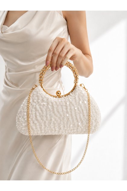 Moon Case White Sequined New Model Evening Dress Bag with Stone Handle and Chain, Gold Case