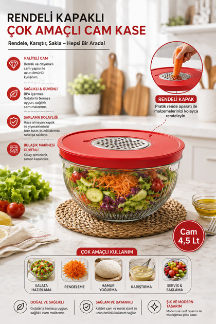 4.5 L Glass Mixer Bowl – Multi-Purpose Kitchen Bowl with Lid and Grater
