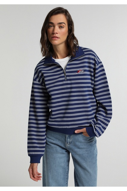 Regular Fit Polo Neck Striped Women's Navy Blue Sweatshirt