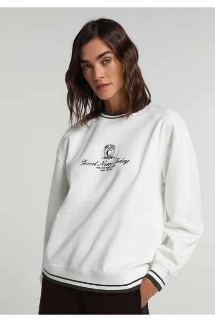 Regular Fit Round Neck Embroidered Women's Ecru Sweatshirt