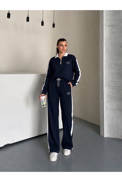 Navy Blue New Season Women's Matching Collar Striped Zippered Modal Fabric Tracksuit Set