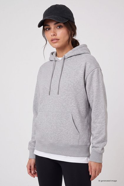 Gray Melange Standard Hooded Basic Women's Sweatshirt with Kangaroo Pocket - 97321