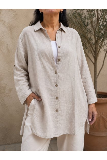 Collared Linen Tunic with Sleeve Attachments Standard Size Length 90 cm Bust Measurement 120 cm