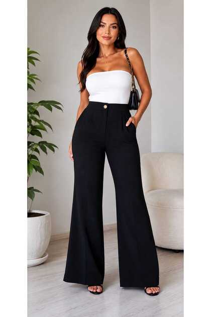 Women's Black High Waist Palazzo Wide-Let Trousers