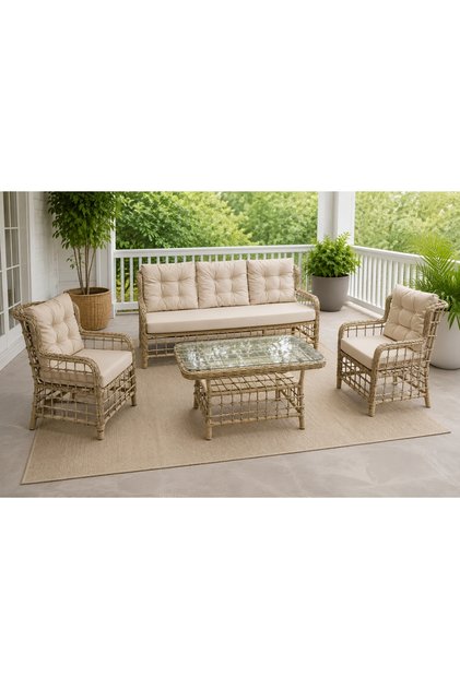 HİLVAN 5 KİŞİLİK MİNDERLİ RATTAN BAHÇE BALKON OTURMA GRUBU, KAHVERENGİ