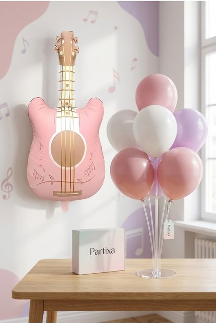 Retro Matte Pink Guitar Balloon Stand Set | Transparent 7-Piece Stand + Retro Matte Pink Guitar Foil Balloon + 7 Latex Balloons