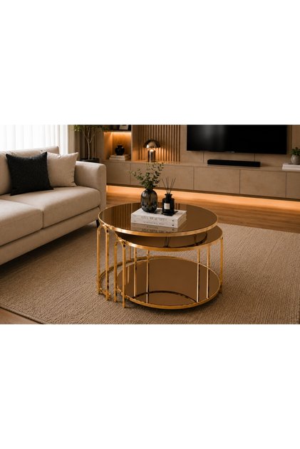 ORLENA İKİLİ YAVRULU RAFLI ORTA SEHPA LENKA BRONZ AYNA GOLD