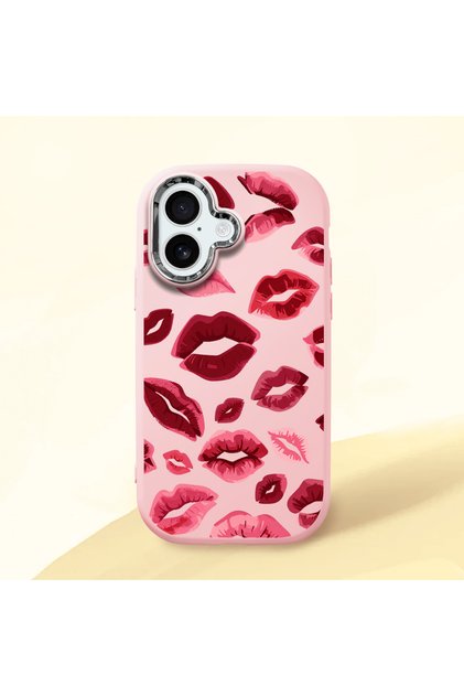iPhone 16 Compatible Case Camera Protector Pink Kiss Pattern Silicone Lover Couple Phone Case