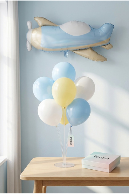 Retro Airplane Balloon Stand Set | Transparent 7-Piece Stand + Retro Airplane Foil Balloon 78×42 cm + 7 Latex Balloons