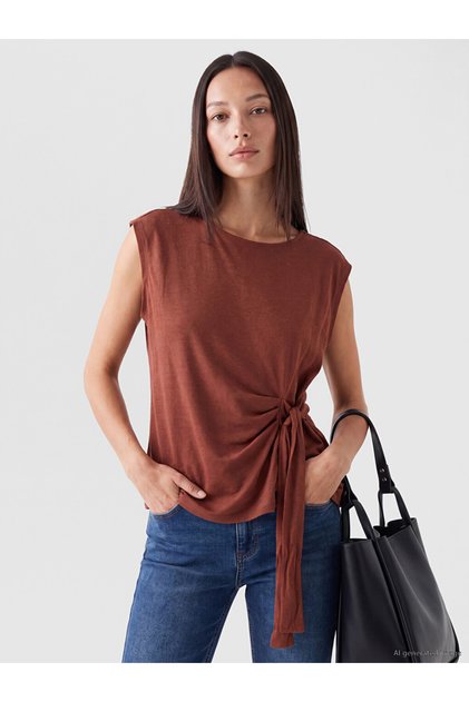 Crew Neck Tied Linen Blend Blouse