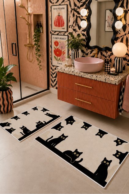 Beige Black Cat Patterned Non-Slip Base Bath Mat Set of 2