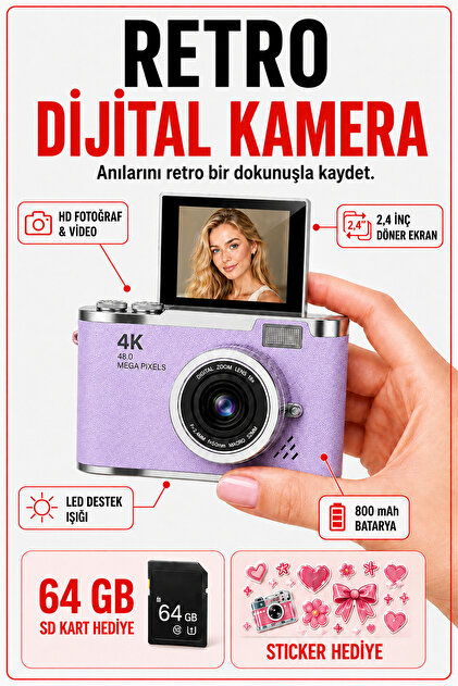 4K Dijital Retro Fotoğraf Makinesi 48MP 18X Zoom 180° Dönen Ekran Flaşlı 64GB SD Kart Hediyeli Selfie Vlog Kamera