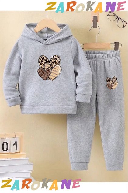 3Leopard Heart Printed Winter Children's Hooded Top and Bottom Cotton Tracksuit Set (Bottom Tracksuit with Pockets)