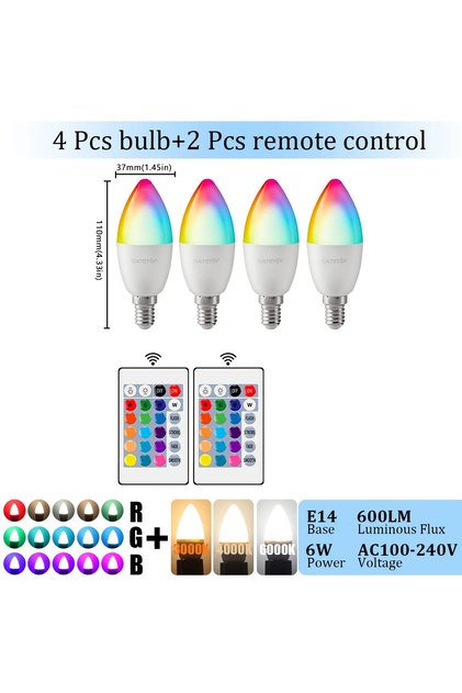 مصباح LED على شكل شمعة، RGB، 6000 كلفن، 4 قطع، 1-10 قطع، يعمل بجهد 100-240 فولت تيار متردد، مزود بجهاز تحكم عن بعد بـ 24 مفتاحًا، قابل للتعتيم، 6 واط، يعمل بجهد 220 فولت تيار متردد.