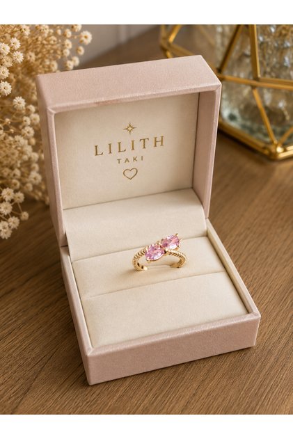 Pink Stone Bow Model Gold Color Women's Ring – Elegant Double Stone Sparkling Ring