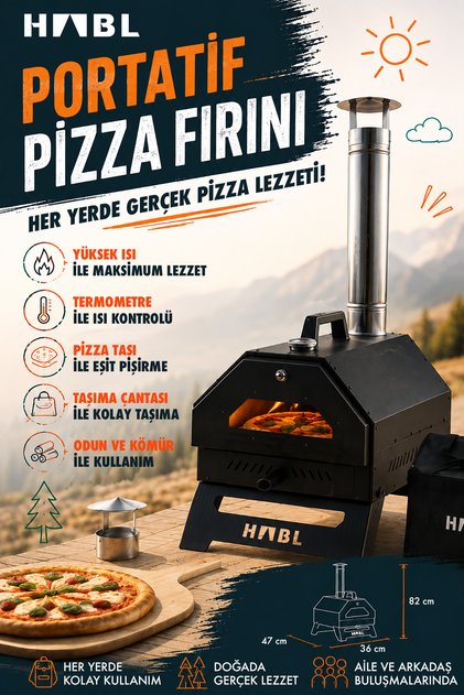 Portatif Pizza Fırını Odun ve Kömürlü Taşıma Çantalı Pizza Taşı Dahil Kamp Tipi Fırın