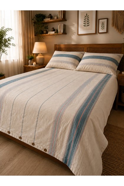 100% Cotton Muslin Double Duvet Cover Set - Non-Ironing, Anti-Sweat, Striped Bohemian 4-Piece Set