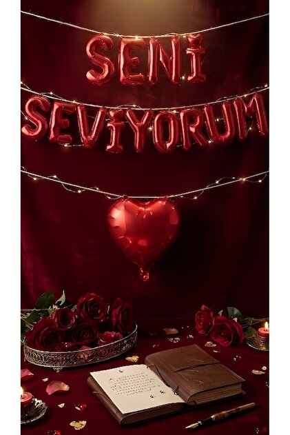 Folyo Balon Görünümlü Harf Banner "Seni Seviyorum" Sevgililer Günü ve Yıl Dönümü Süsleme Seti