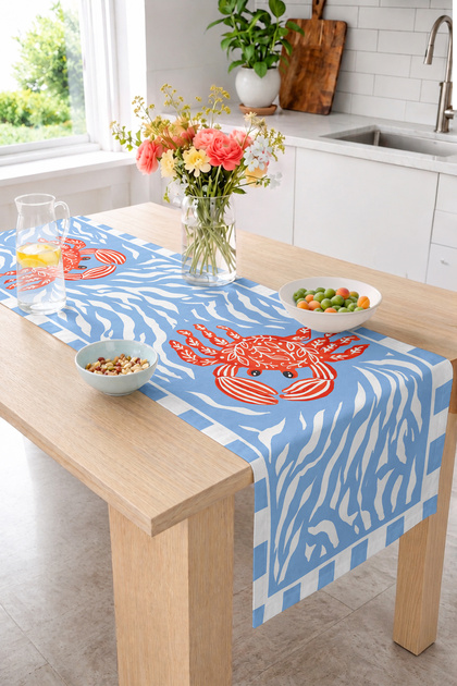 Orange Crab Figured Blue Wave Patterned 40X140Cm Digital Printed Runner Decorative Table Runner
