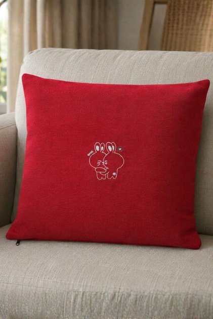 Red Embroidered Throw Pillow Cover – Cute Rabbit Patterned Linen Textured Throw Pillow