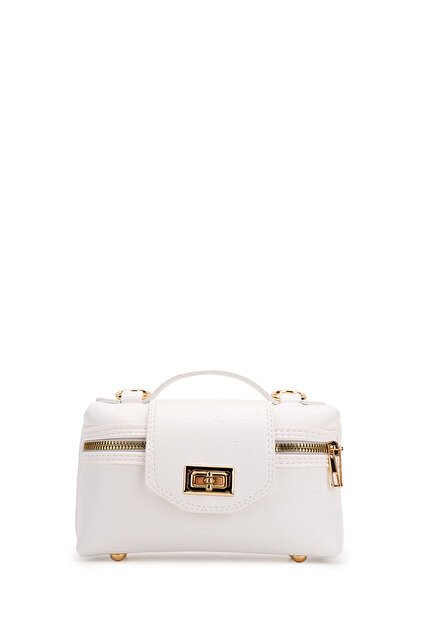 Lock Detailed Box Shape Faux Leather Women's Crossbody Bag Lulu White