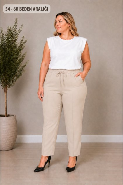 Beli bağcıklı lastikli yüksek bel havuç kesim kumaş pantalon
