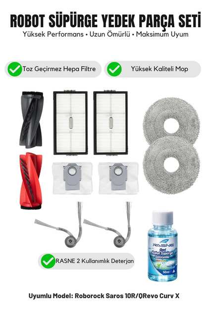 Roborock Saros 10R/QRevo Curv X ile Uyumlu 1 Ana Fırça 2 Yan Fırça 2 Filtre 2 Mop 1 Deterjan 2 Toz Torbası