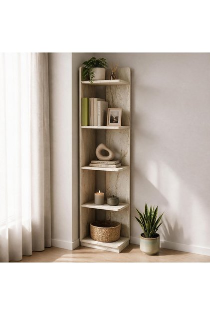 Aura Kitaplık - Modern Fonksiyonel 5 Raflı Kitaplık Traverten