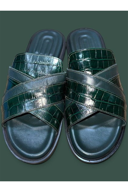 Genuine Leather Handmade Green Men's Slippers