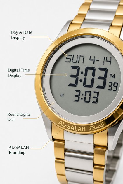 AL-SALAH Digital Wristwatch – Round LCD Display with Day & Date, Gold & Silver Two-Tone Metal Bracelet, Classic Everyday Watch