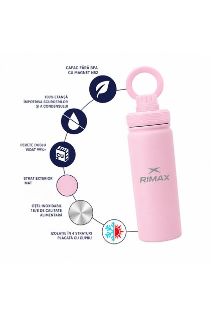 Sticlă de Apă Termos RIMAX, 500 ml, Suport Magnetic N52 pentru Telefon, Inox 18/8, Vacuum, Capac Etanș, BPA Free, Roz