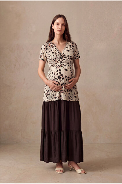 Maternity Viscose Oat Milk Beige Short Sleeve Double Breasted Collar Blouse Zendaya