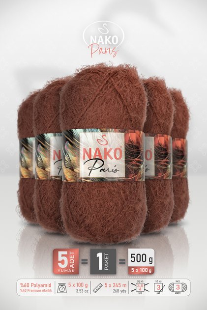 PARIS • Tarçın (5520) • 5'li Paket • 100 g / 245 m • Yumuşak, Tüylü Dokulu Örgü İpi • Hırka, Kazak, Şal, Atkı